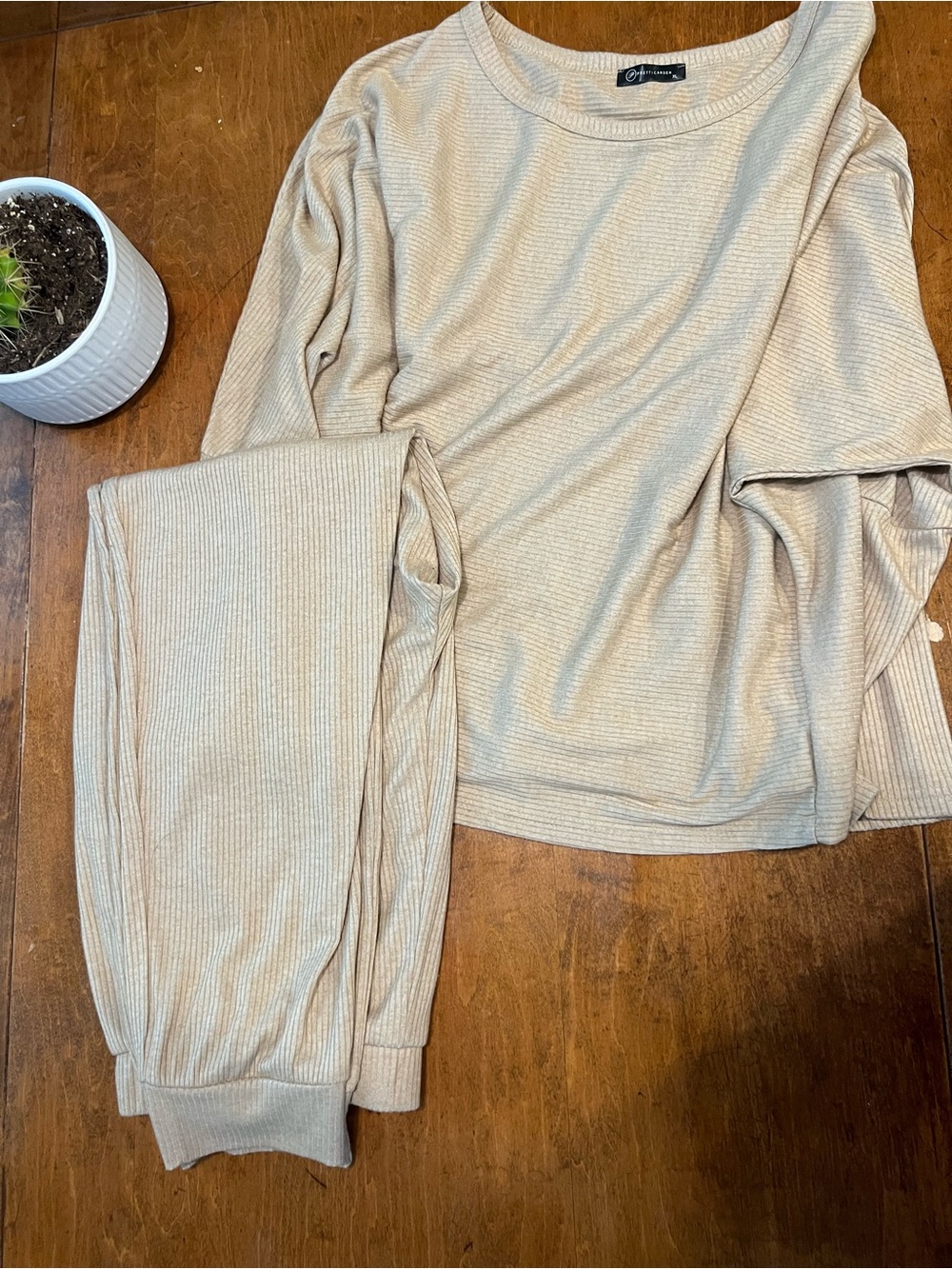 Beige Ribbed Lounge Set Womens Matching Knit Set Neutral Cozy Outfit